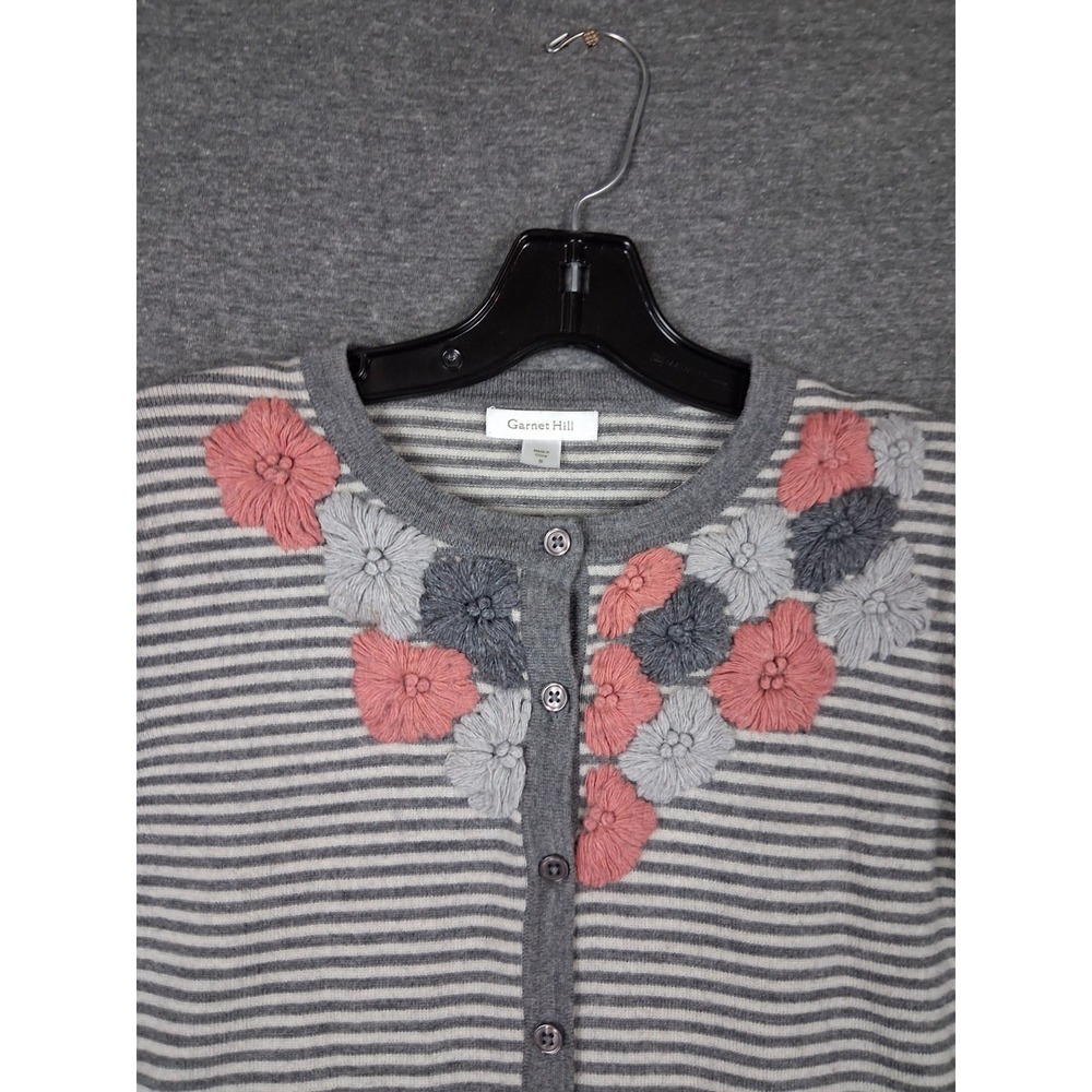 Garnet Hill Womens Sweater S Gray Stripe Cardigan 100% Merino Wool Embroidered